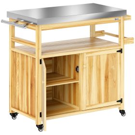 Outdoor Grill Cart w/ Stainless Steel Top, Solid Wood Outdoor Kitchen Island w/ Wheels, Storage Cabinets, Natural Wood