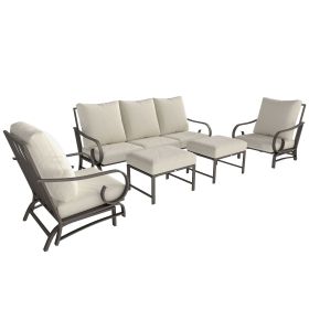 5 Piece Backyard Patio Furniture Set, Outdoor Furniture Set with 2 Rocking Chairs, 3-Seat Sofa, and 2 Ottomans, Beige