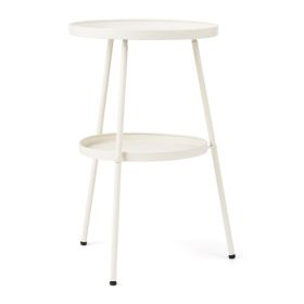 Patio Small Side Table, Round 2 Tier End Table, Metal Round Coffee Table for Indoor Outdoor, Cream White