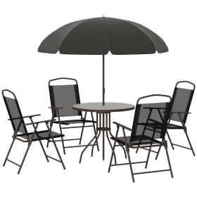 6 Piece Patio Dining Set for 4 with Umbrella, Outdoor Table and Chairs with 4 Folding Dining Chairs & Round Glass Table for Garden