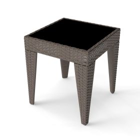 PPL Outdoor Side Table - Wicker Square Patio Table for Porch, Tempered Glass Top Small Outdoor End Table with Sturdy Metal Frame (Color: Taupe)