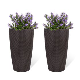 Set of 2 Faux Rattan Tall Planters Outdoor Indoor Large Planters with Water Level Monitor Inner Bucket, Automatic Watering (Color: as Pic)