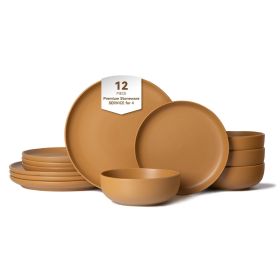 12-Piece Stoneware Dinner Plates Bowls Sets | Microwave & Dishwasher Safe | Non-Toxic Dinner Plates Bowls Set | Stackable Matte Glaze Kitchenware (Main Material: Stone, Main Color: Orange)