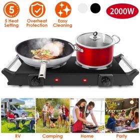 2000W Electric Dual Burner Portable Coil Heating Hot Plate Stove Countertop RV Hotplate with 5 Temperature Adjustments Portable Handles (Color: BLACK)